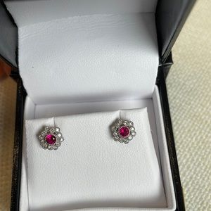 Genuine Diamond & Ruby Earrings in 14 K white gold setting. Push backs.